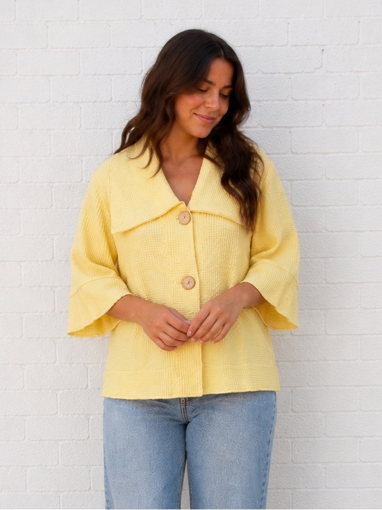 Vintage Jackets & Blazers - Vintage 90s Yellow Waffle Oversized Jacket Women Size Large lagenlook 3/4 sleeve